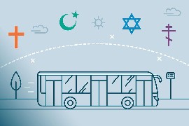 Bus, eingerahmt von religiösen Symbolen